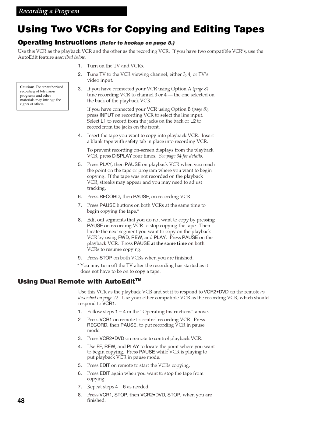 RCA VR688HF manual Using Two VCRs for Copying and Editing Tapes, Using Dual Remote with AutoEditTM 