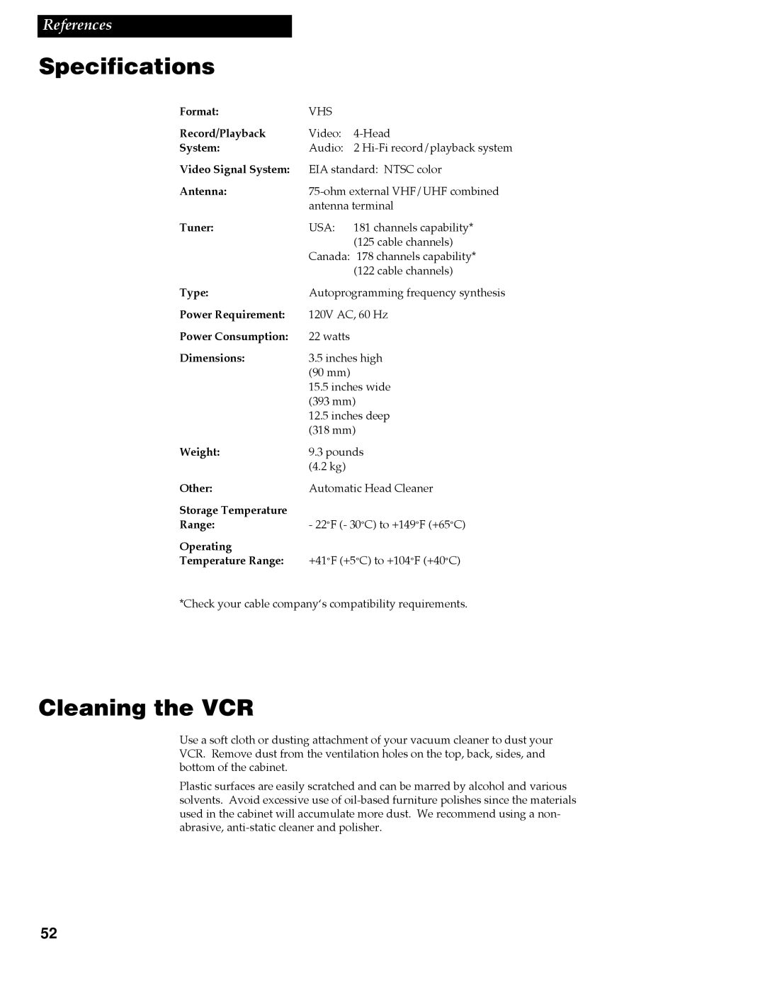 RCA VR688HF manual Specifications, Cleaning the VCR 