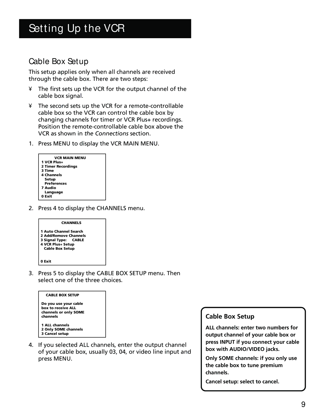 RCA 15530130, VR702HF manual Cable BOX Setup, Cable Box Setup, Press 4 to display the Channels menu 