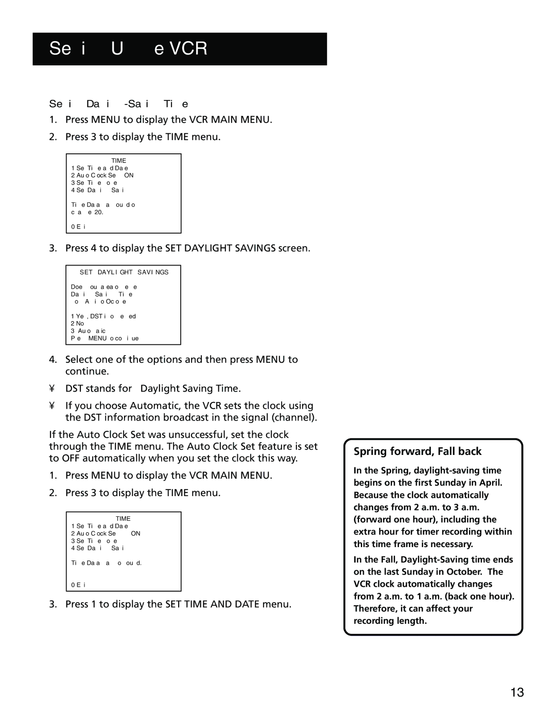 RCA 15530130, VR702HF manual Spring forward, Fall back, Press 4 to display the SET Daylight Savings screen 