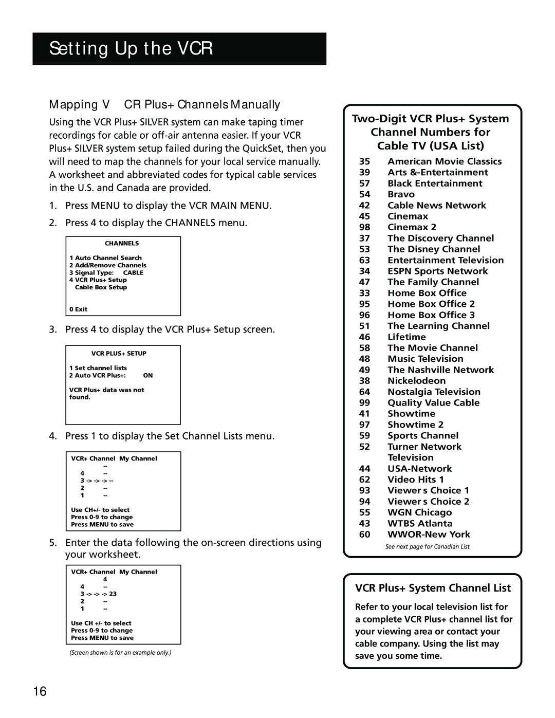 RCA VR702HF, 15530130 manual VCR Plus+ System Channel List, Press 4 to display the VCR Plus+ Setup screen 