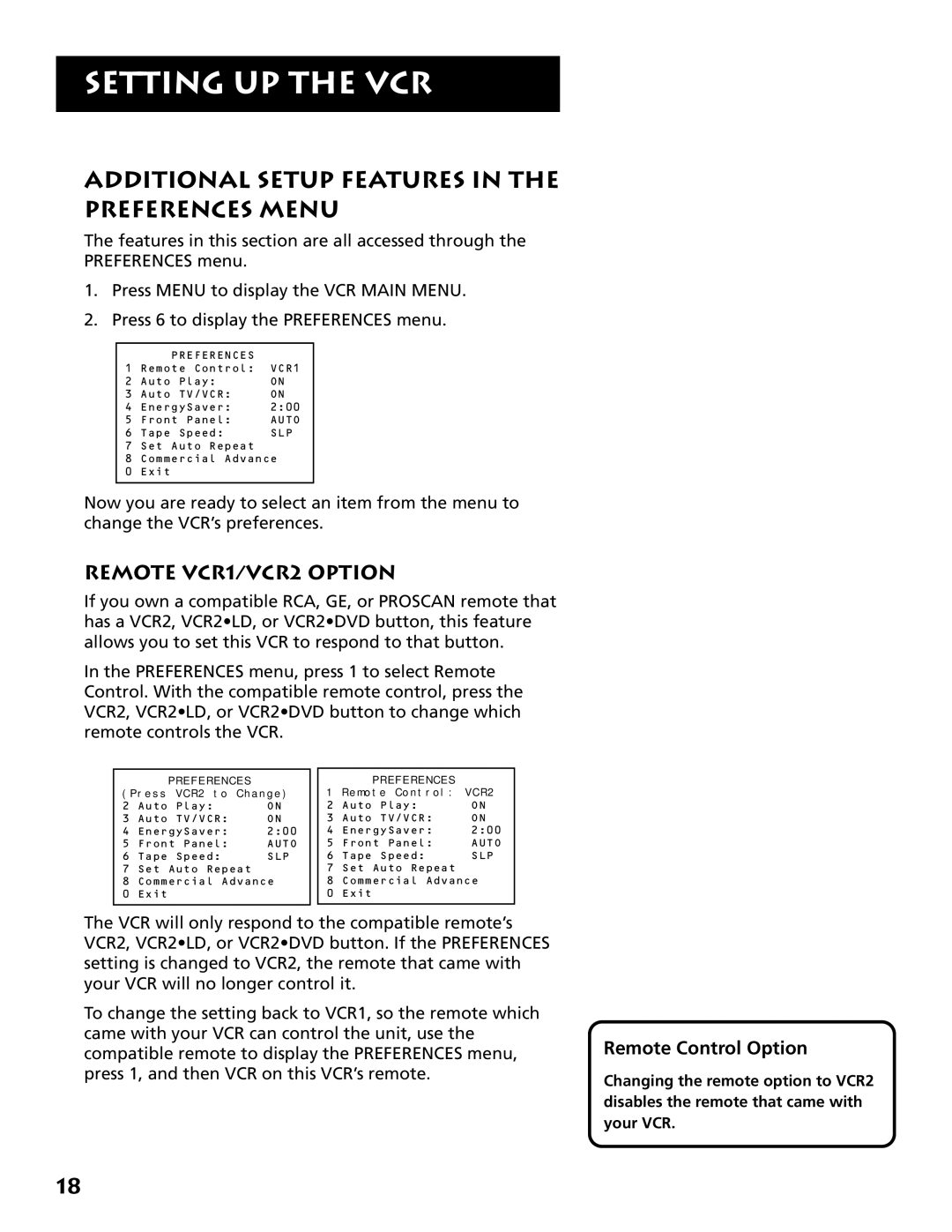 RCA VR702HF, 15530130 manual Preferences 