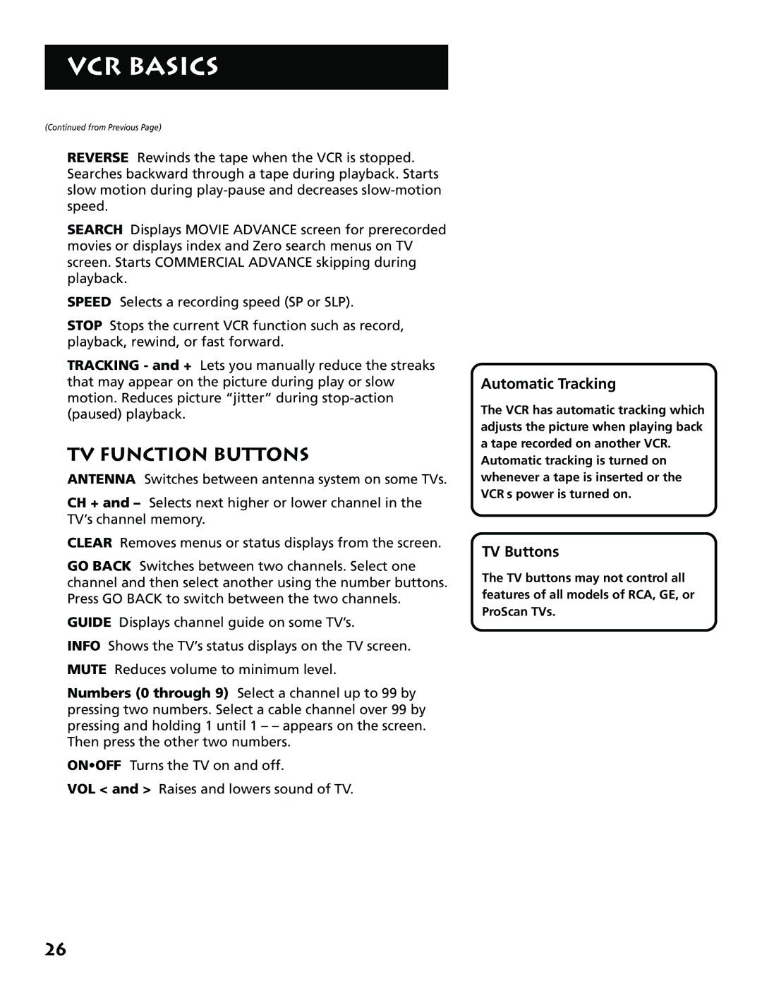 RCA VR702HF, 15530130 manual TV Function Buttons, Automatic Tracking, TV Buttons 