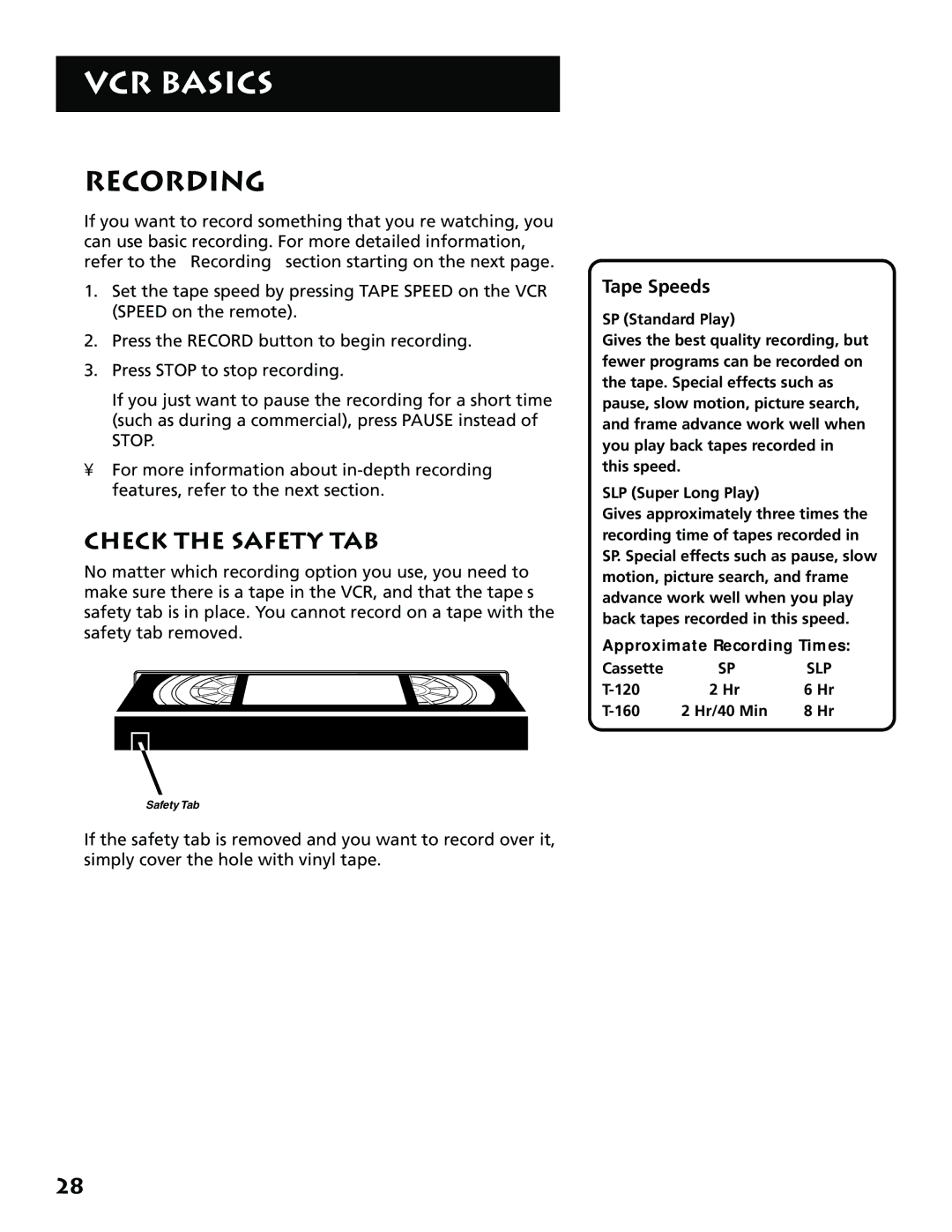 RCA VR702HF, 15530130 manual Recording, Check the Safety TAB 