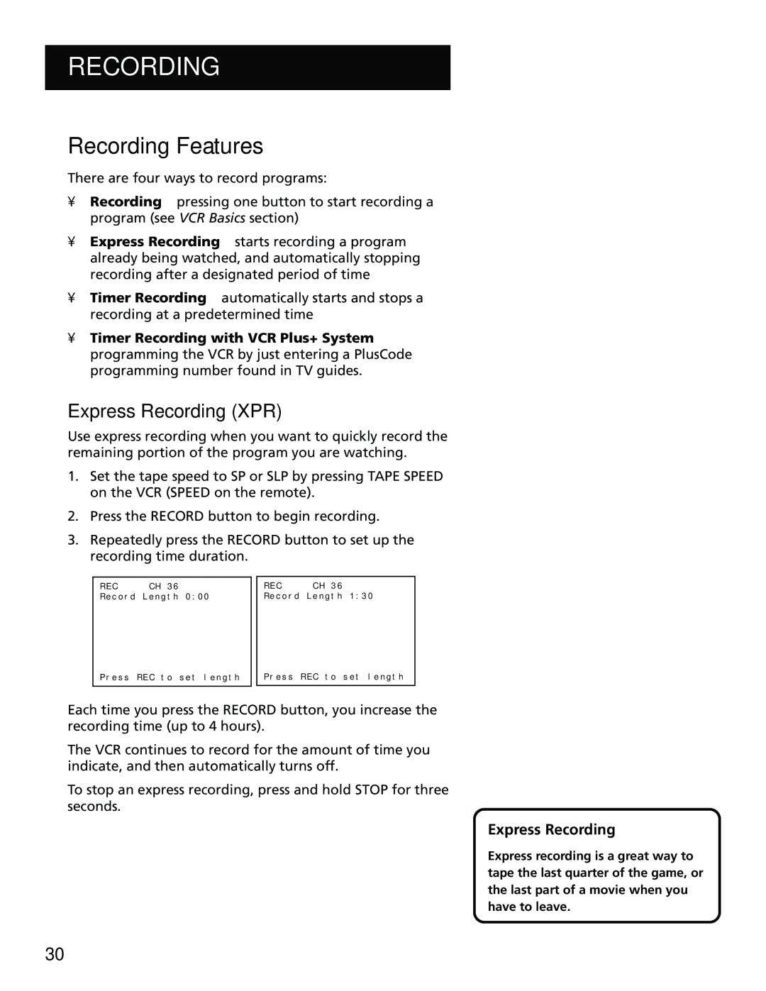 RCA VR702HF, 15530130 manual Recording Features, Express Recording XPR 