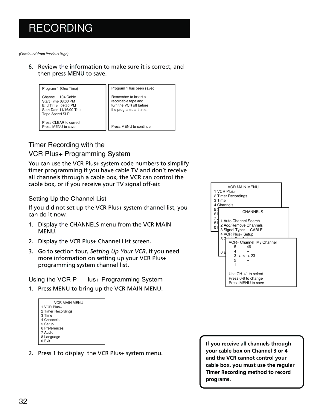 RCA VR702HF, 15530130 manual Press Menu to bring up the VCR Main Menu, Press 1 to display the VCR Plus+ system menu 