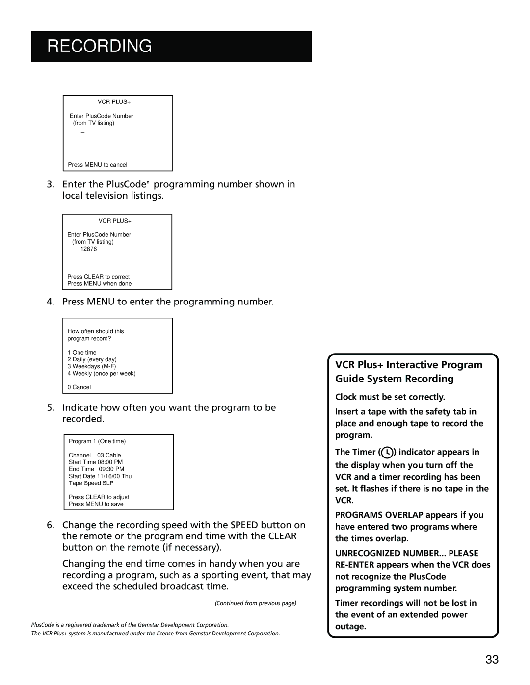 RCA 15530130, VR702HF Press Menu to enter the programming number, Indicate how often you want the program to be recorded 