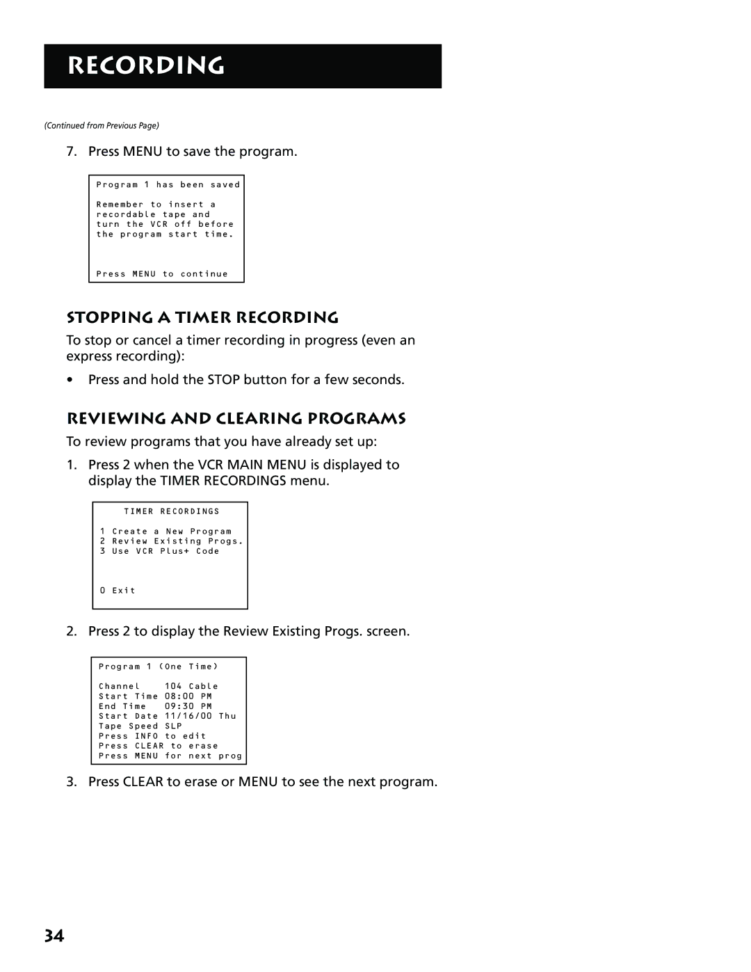 RCA VR702HF, 15530130 manual Stopping a Timer Recording, Reviewing and Clearing Programs, Press Menu to save the program 