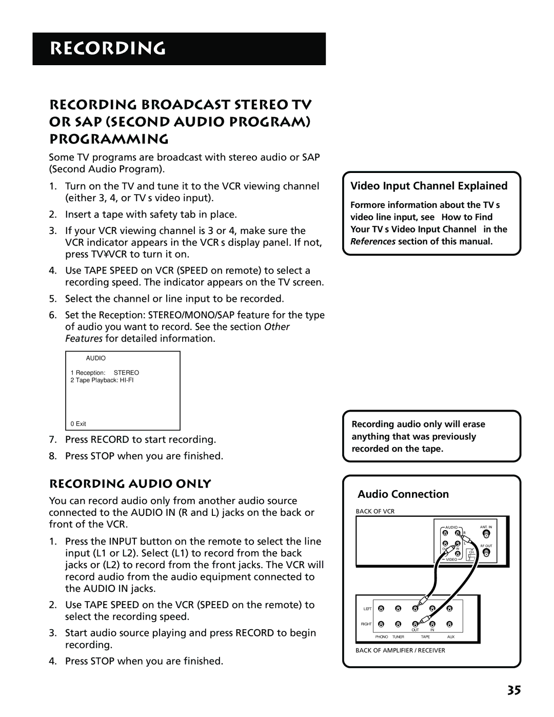 RCA 15530130, VR702HF manual Recording Audio only, Video Input Channel Explained, Audio Connection 