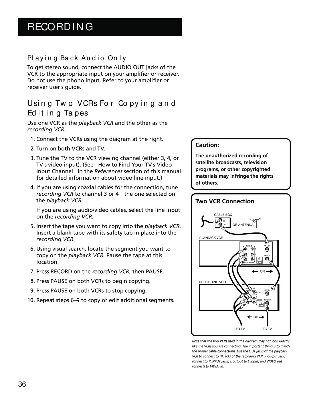 RCA VR702HF, 15530130 manual Using TWO Vcrs for Copying and Editing Tapes, Playing Back Audio only, Two VCR Connection 