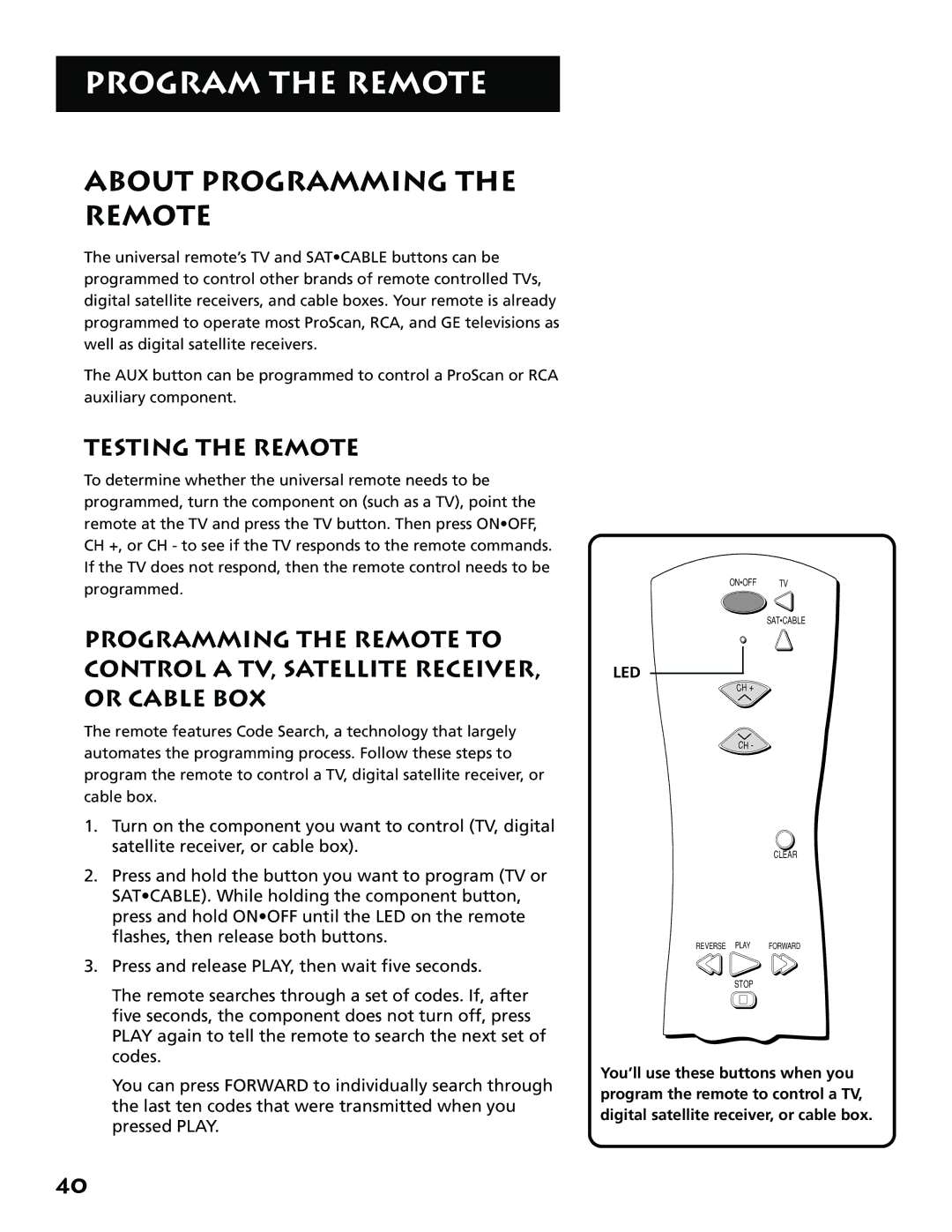 RCA VR702HF, 15530130 manual About Programming the Remote, Testing the Remote, Led 