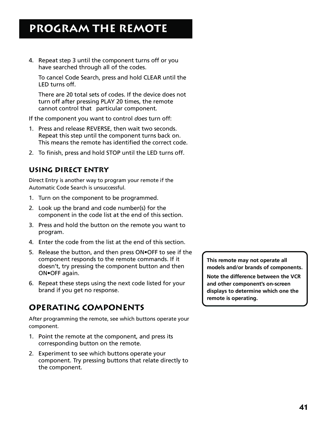 RCA 15530130, VR702HF manual Operating Components, Using Direct Entry 