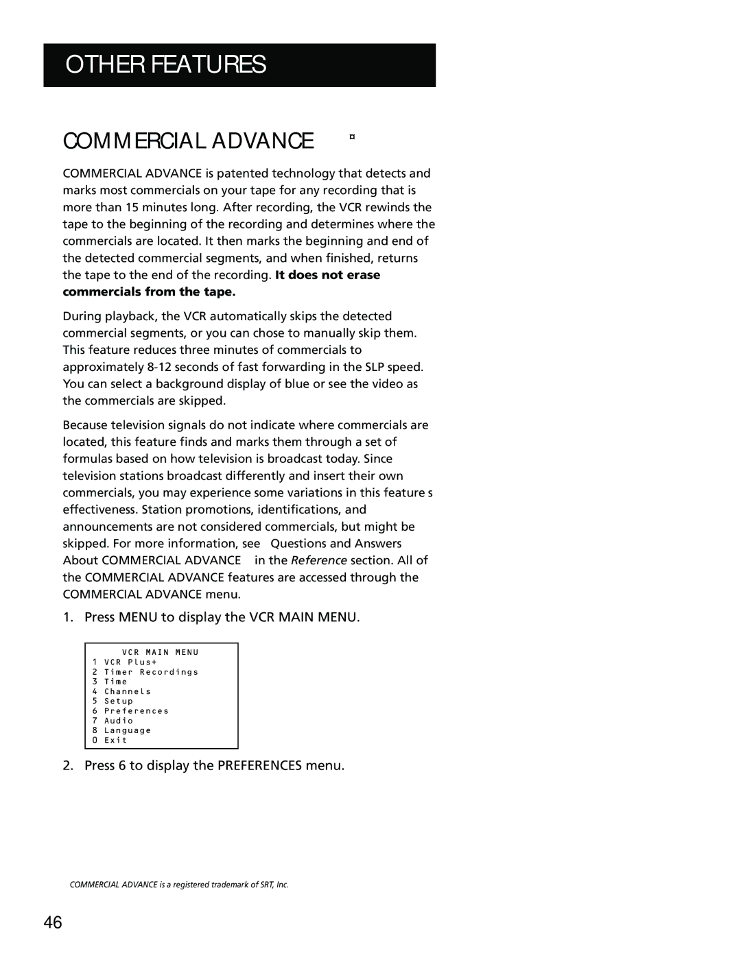 RCA VR702HF, 15530130 manual Commercial Advance, Press 6 to display the Preferences menu 