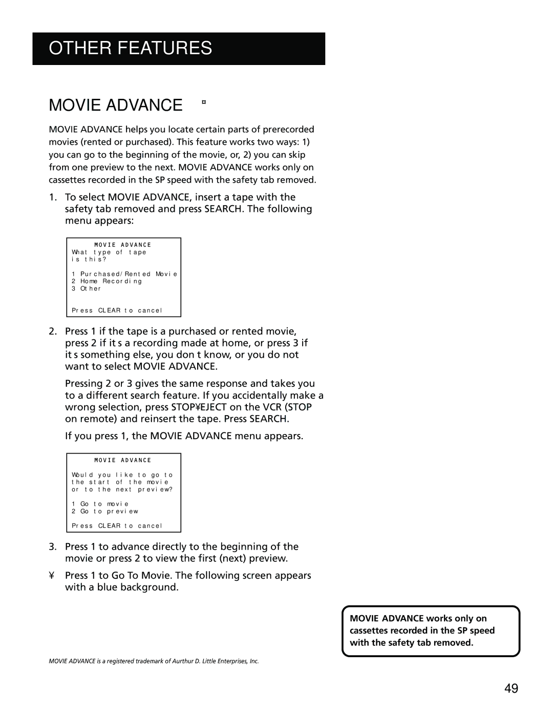 RCA 15530130, VR702HF manual Movie Advance 