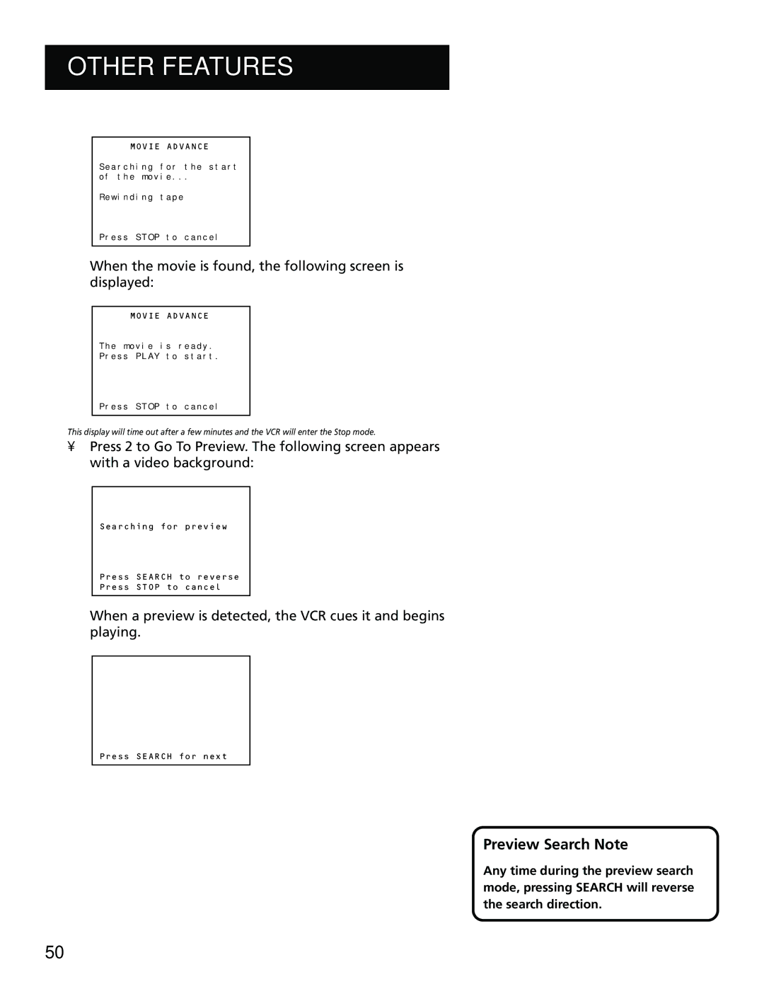 RCA VR702HF, 15530130 manual Preview Search Note, When the movie is found, the following screen is displayed 