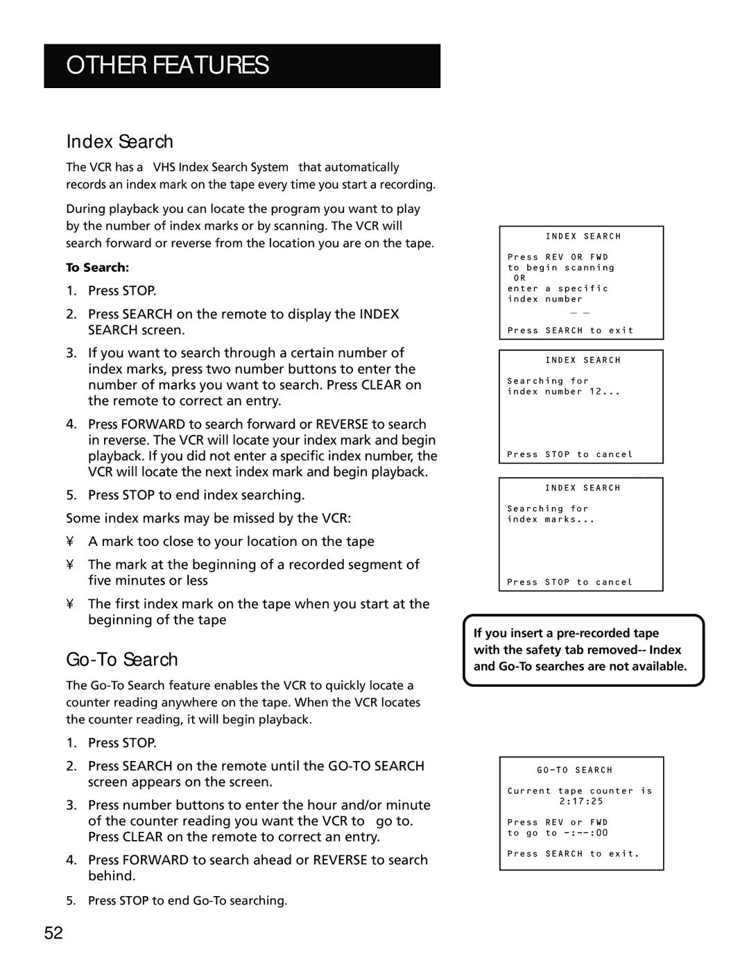 RCA VR702HF, 15530130 manual Index Search, GO-TO Search 