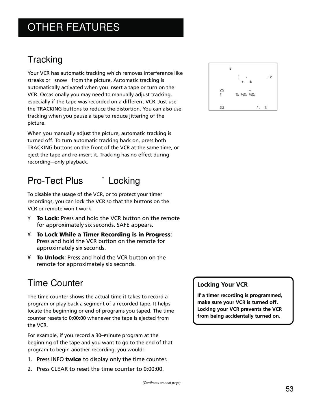 RCA 15530130, VR702HF manual Tracking, PRO-TECT Plus Locking, Time Counter, Locking Your VCR 