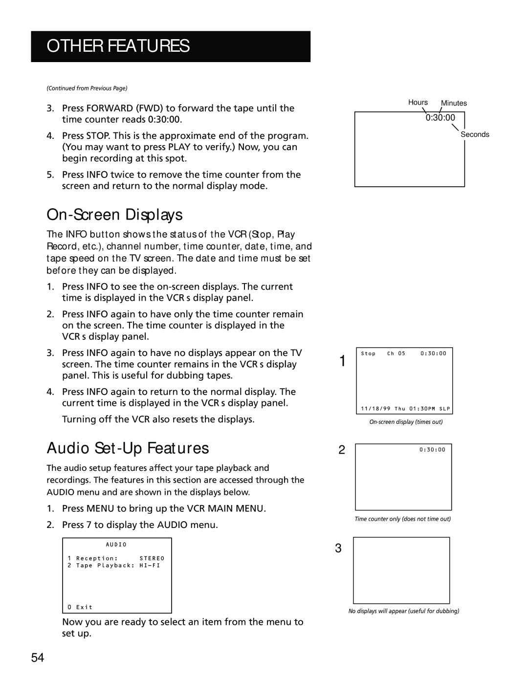 RCA VR702HF manual ON-SCREEN Displays, Audio SET-UP Features, Now you are ready to select an item from the menu to set up 