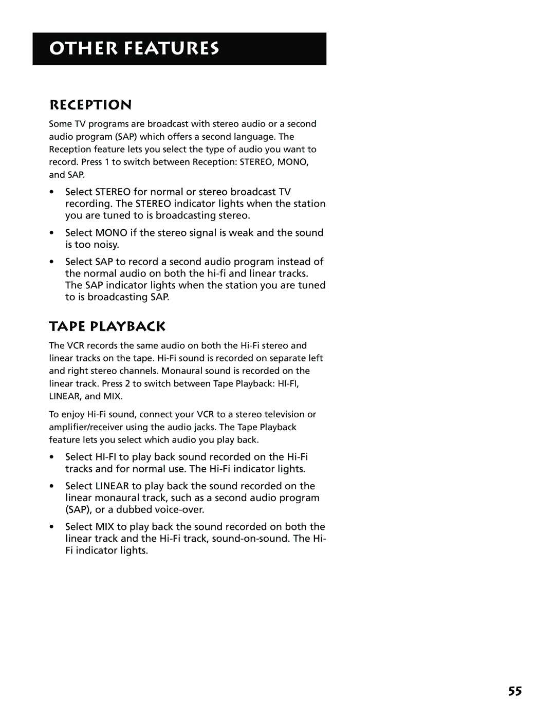 RCA 15530130, VR702HF manual Reception, Tape Playback 