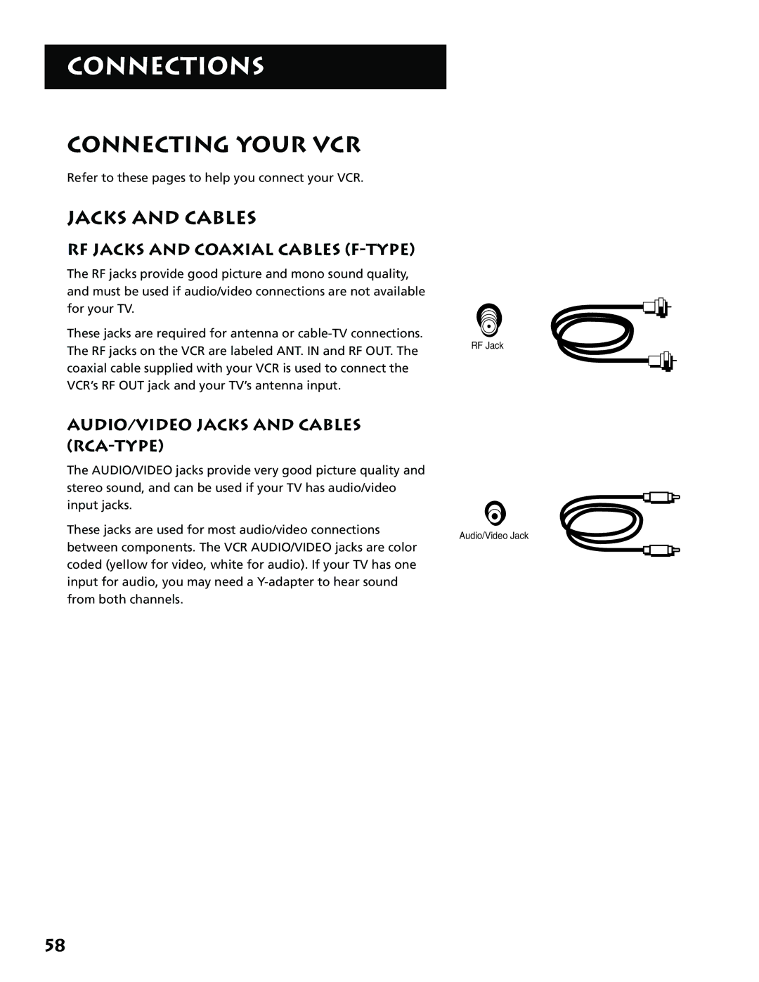 RCA VR702HF, 15530130 manual Connecting Your VCR, Jacks and Cables, RF Jacks and Coaxial Cables F-TYPE 