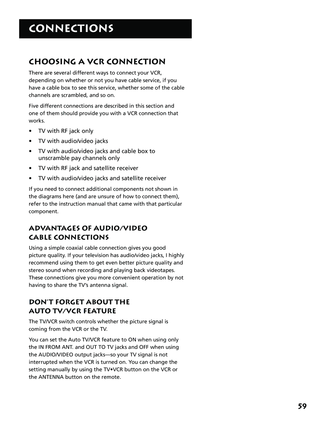 RCA 15530130, VR702HF manual Choosing a VCR Connection, Advantages of AUDIO/VIDEO Cable Connections 