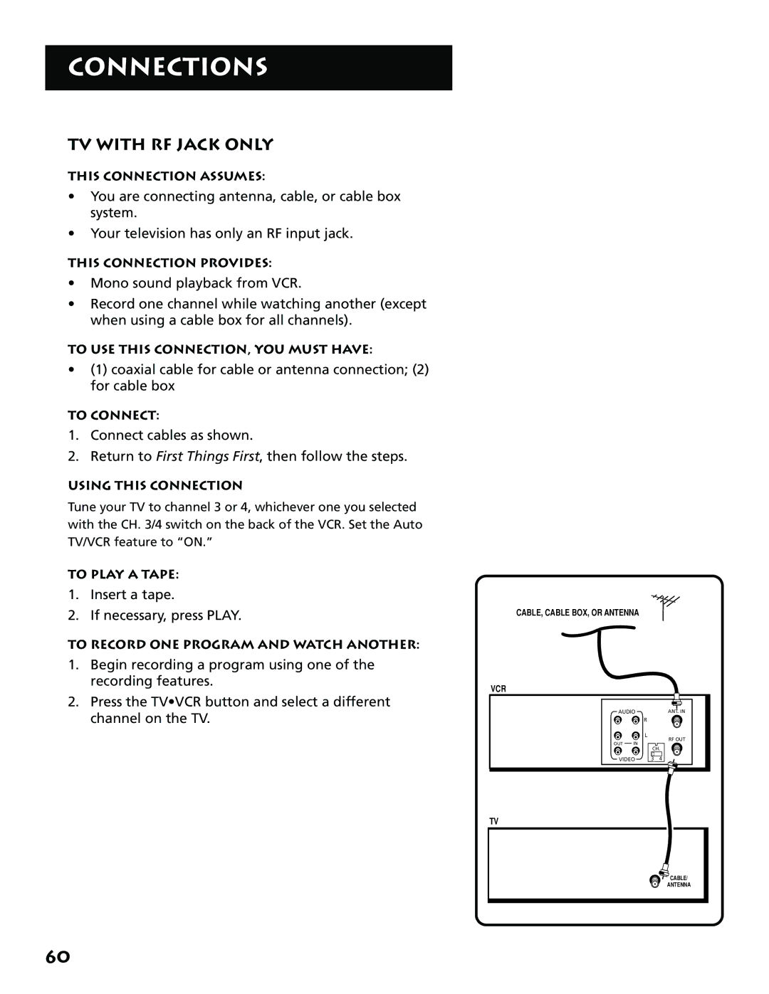 RCA VR702HF, 15530130 manual TV with RF Jack only, Insert a tape If necessary, press Play 