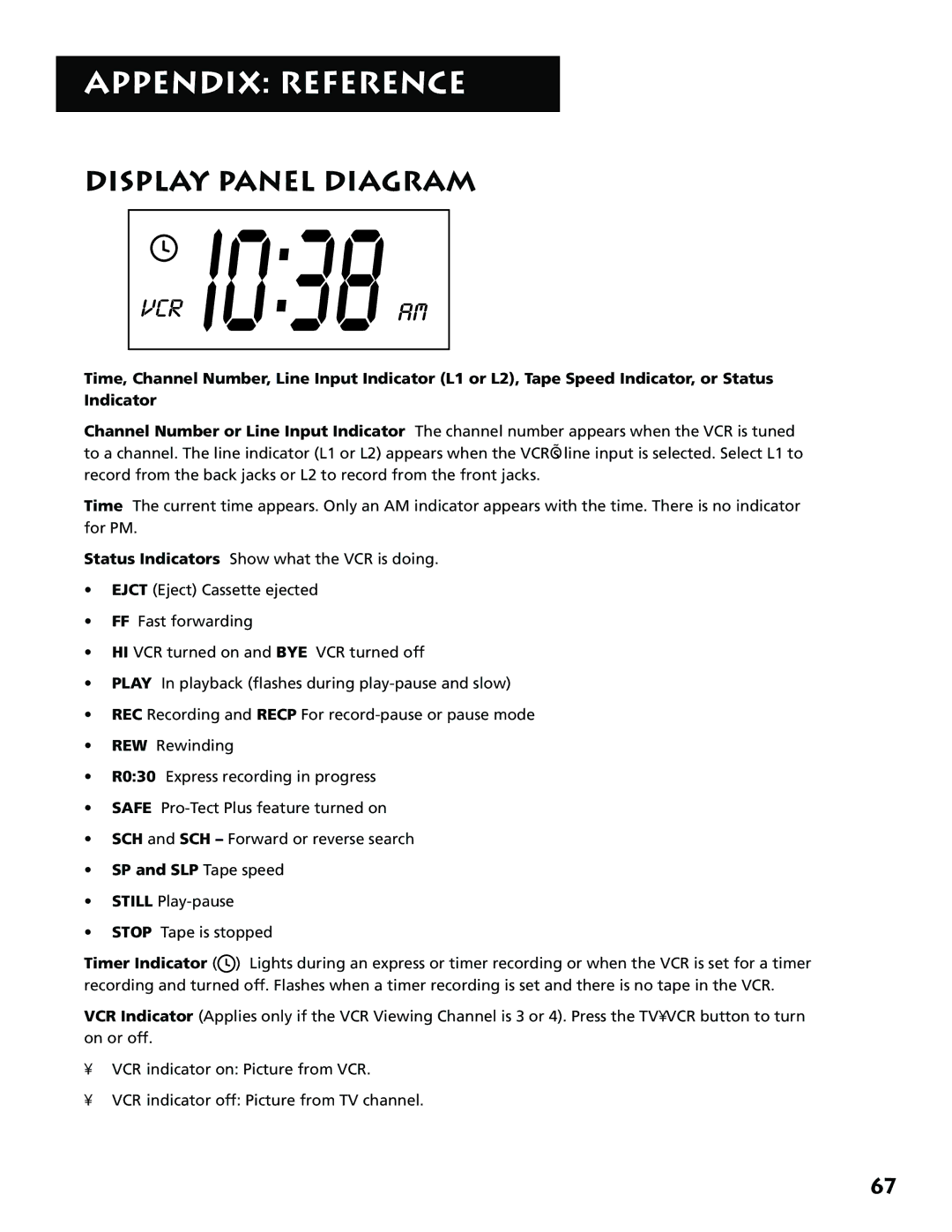 RCA 15530130, VR702HF manual Display Panel Diagram, SP and SLP Tape speed 