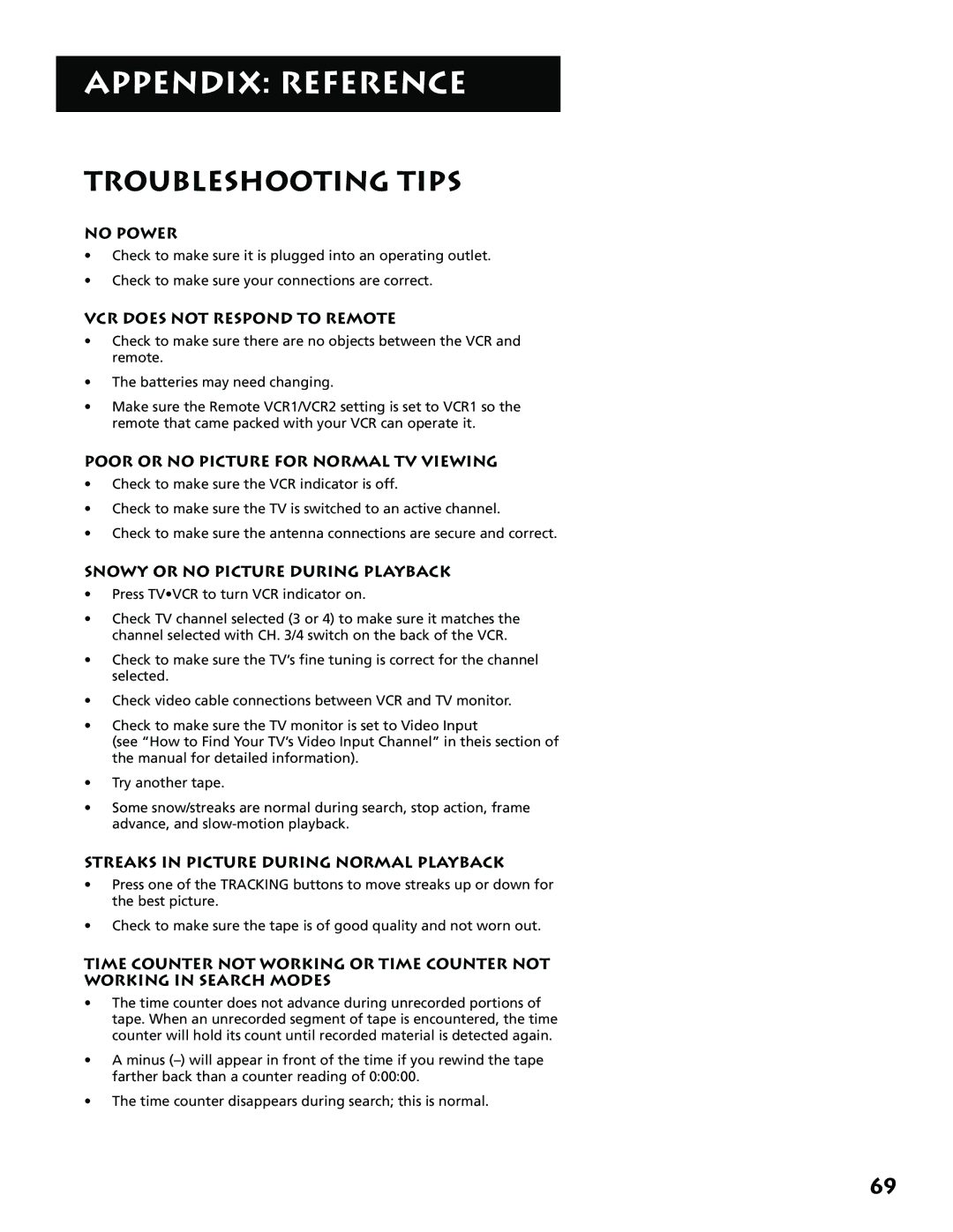 RCA 15530130, VR702HF manual Troubleshooting Tips 