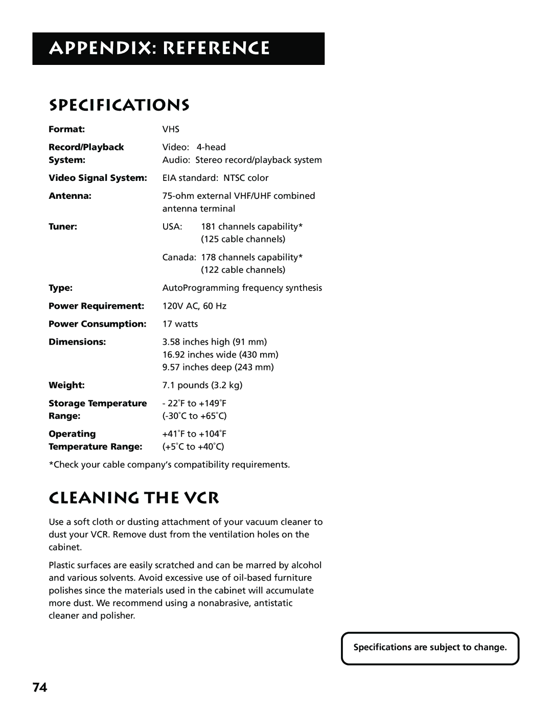 RCA VR702HF, 15530130 manual Specifications, Cleaning the VCR 