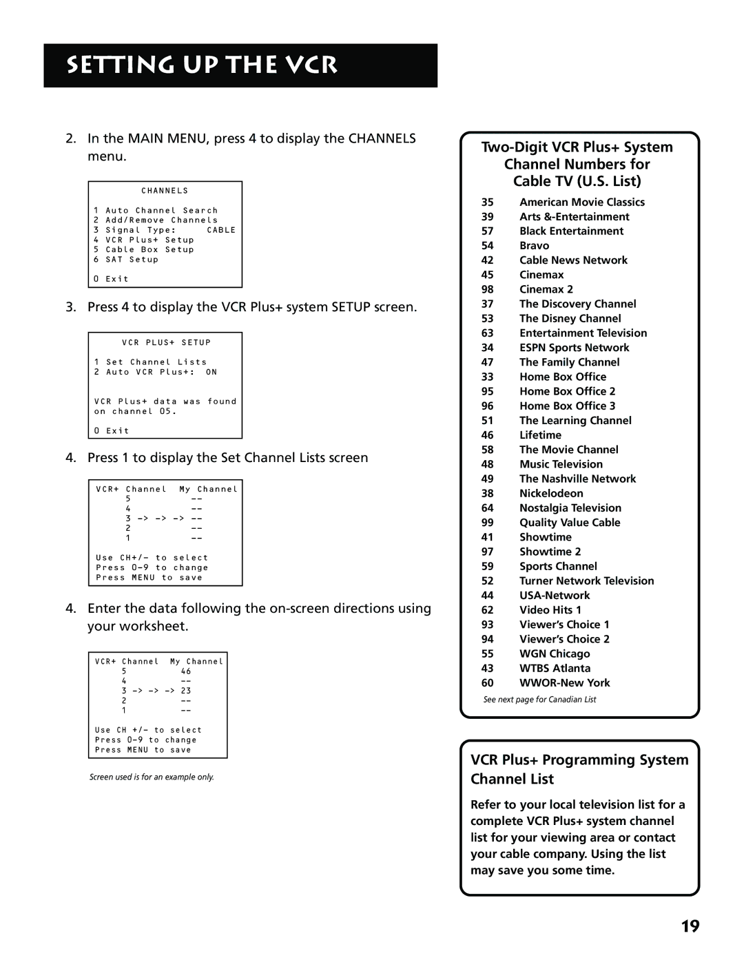 RCA VR704HF manual VCR Plus+ Programming System Channel List, Main MENU, press 4 to display the Channels menu 