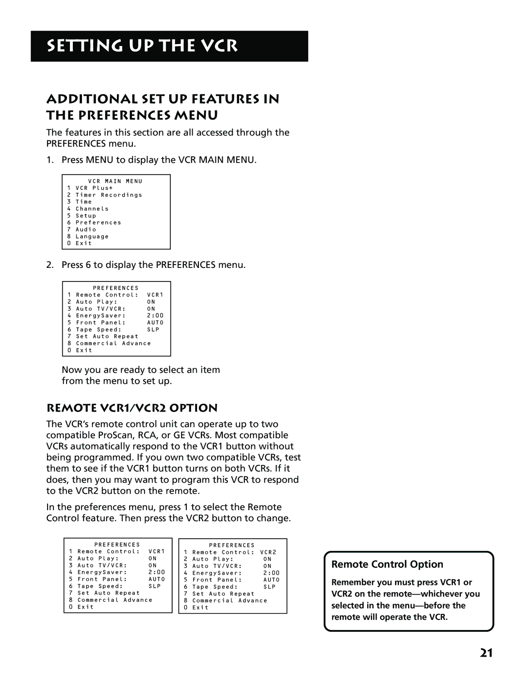 RCA VR704HF manual Additional SET UP Features in the Preferences Menu, Remote VCR1/VCR2 Option, Remote Control Option 