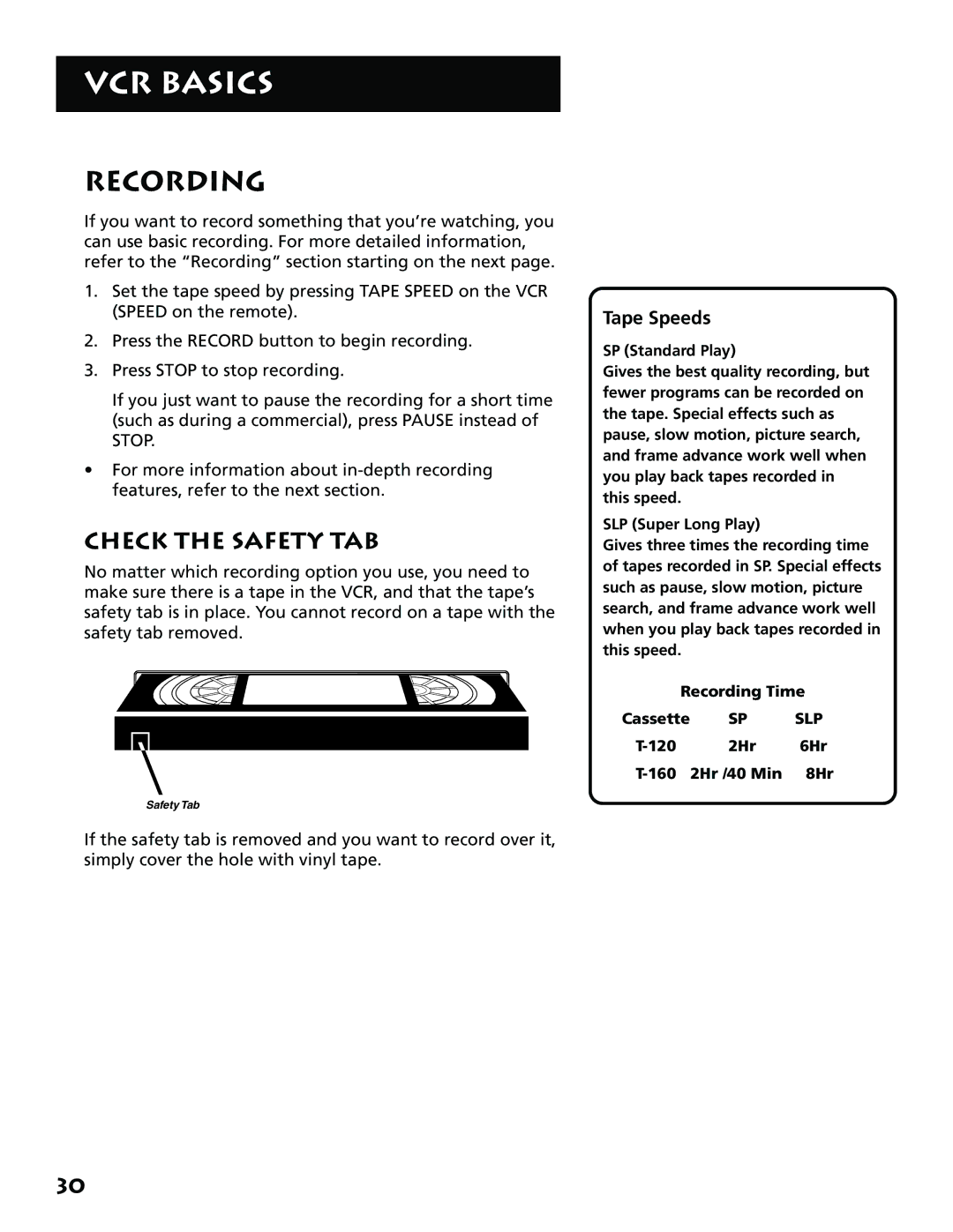 RCA VR704HF manual Recording, Check the Safety TAB 