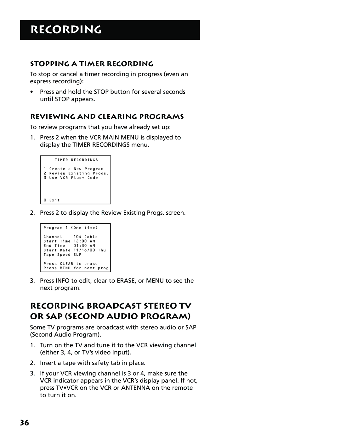 RCA VR704HF manual Recording Broadcast Stereo TV or SAP Second Audio Program, Stopping a Timer Recording 