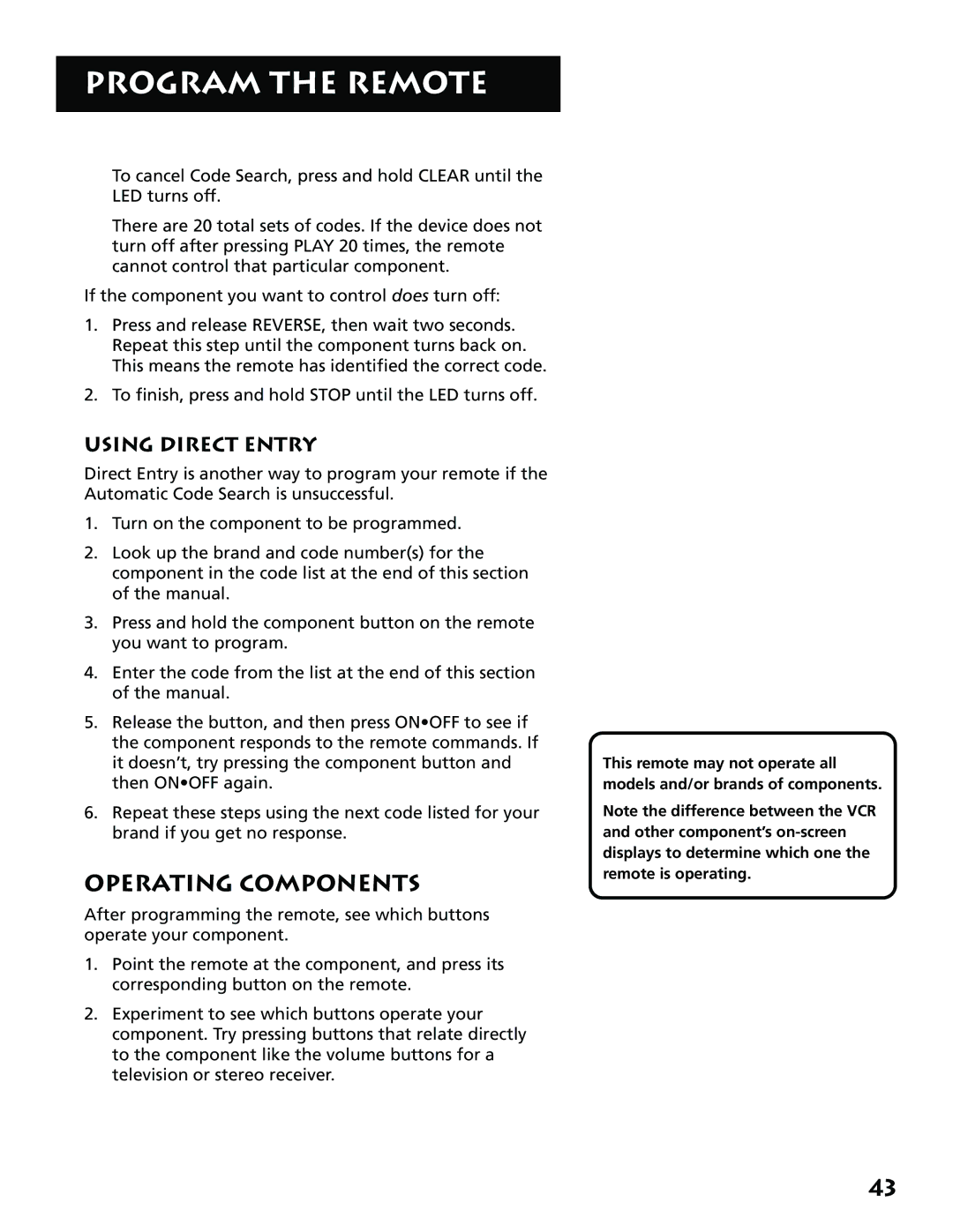 RCA VR704HF manual Operating Components, Using Direct Entry 