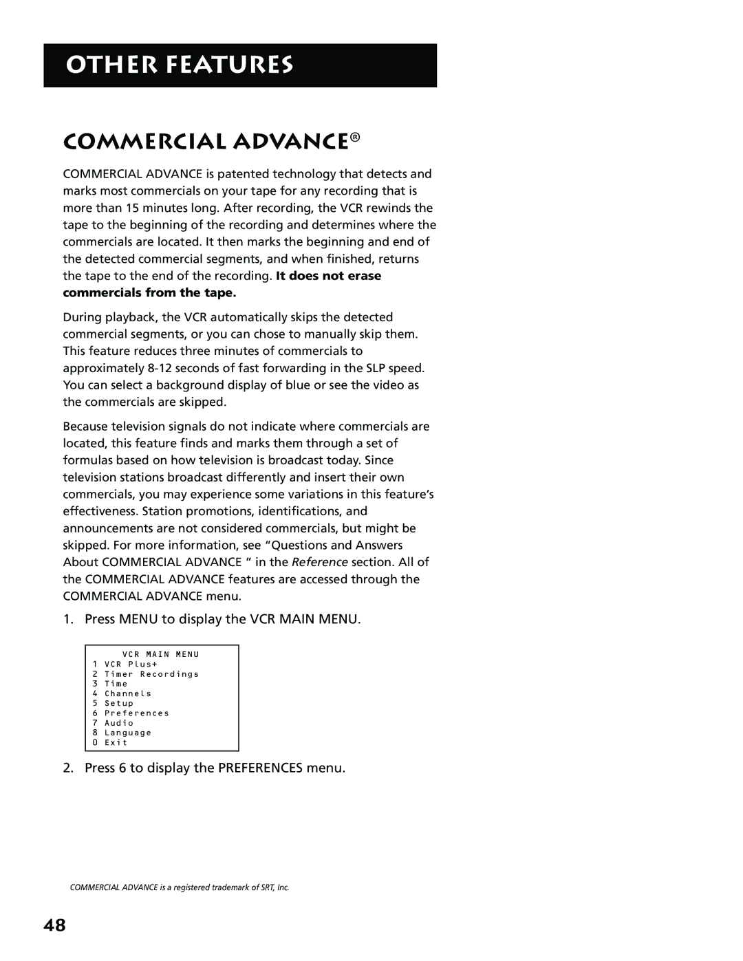 RCA VR704HF manual Commercial Advance, Commercials from the tape 