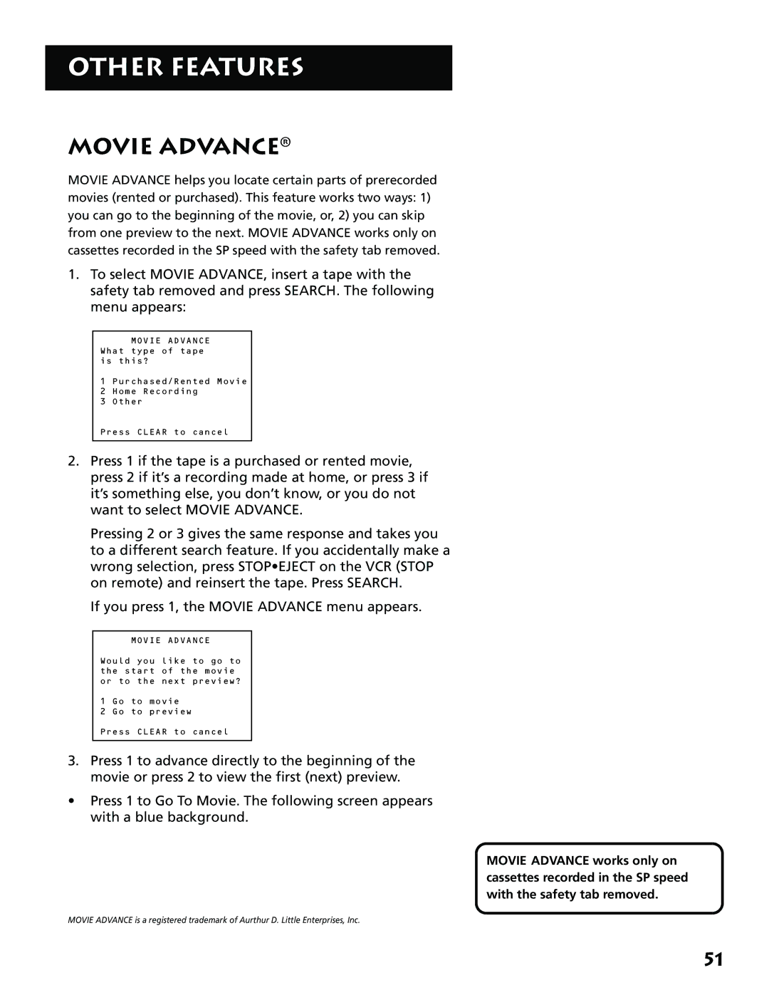 RCA VR704HF manual Movie Advance 