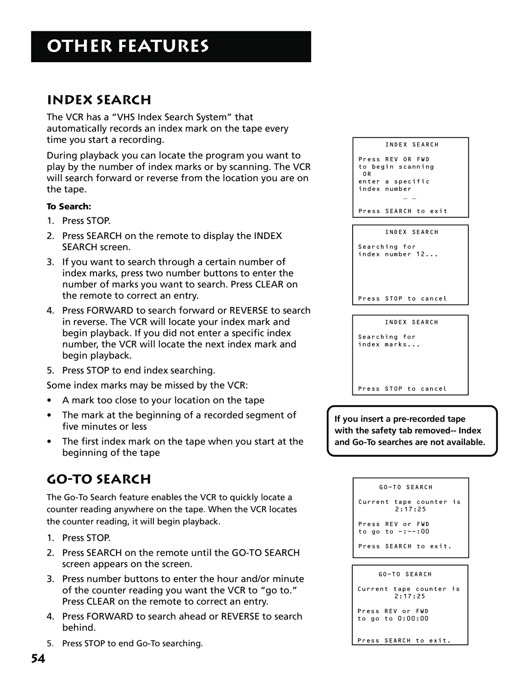 RCA VR704HF manual Index Search, GO-TO Search 