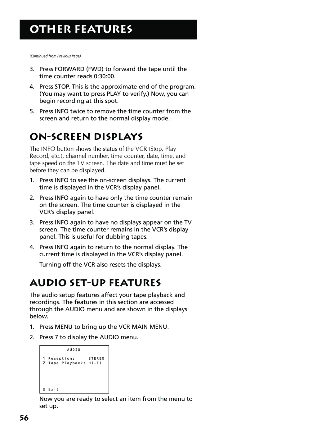 RCA VR704HF manual ON-SCREEN Displays, Audio SET-UP Features 