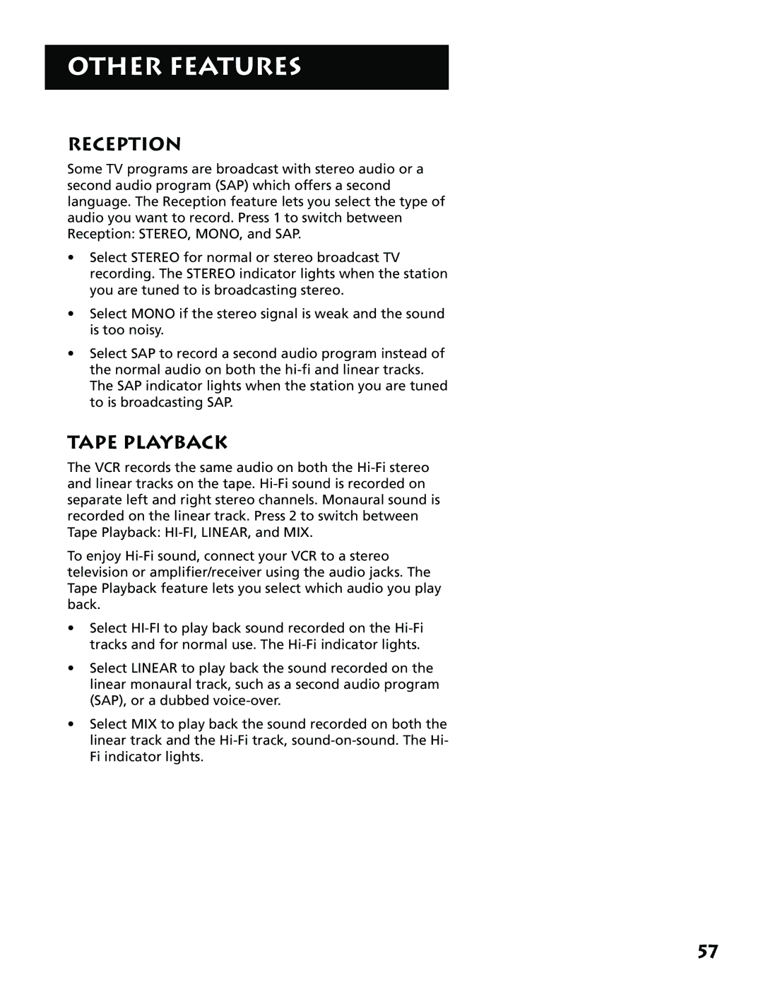 RCA VR704HF manual Reception, Tape Playback 