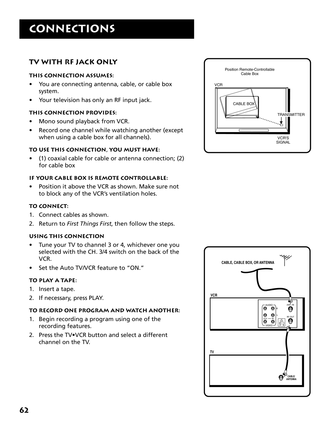 RCA VR704HF manual TV with RF Jack only, Insert a tape If necessary, press Play 