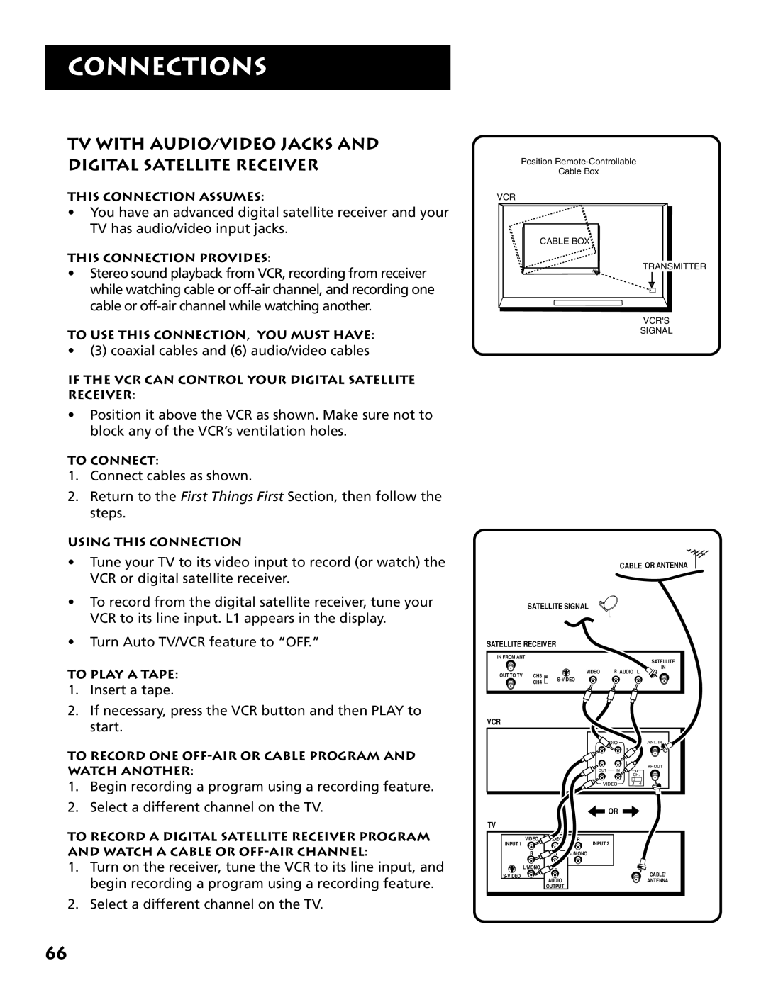 RCA VR704HF manual TV with AUDIO/VIDEO Jacks and Digital Satellite Receiver, Coaxial cables and 6 audio/video cables 