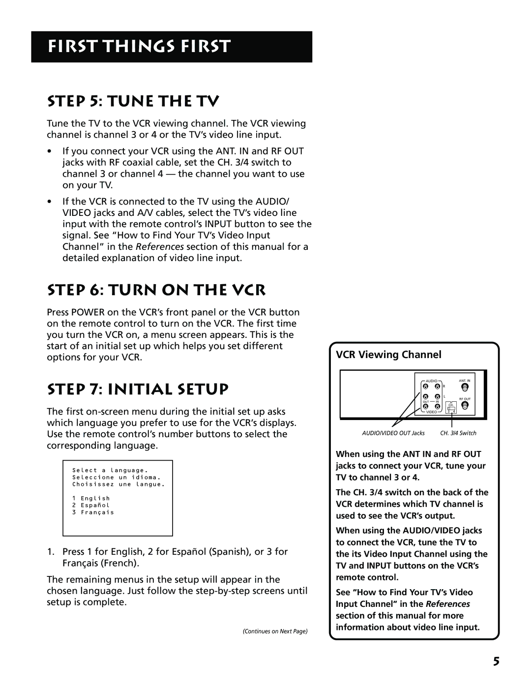 RCA VR704HF manual Tune the TV, Turn on the VCR, Initial Setup, VCR Viewing Channel 