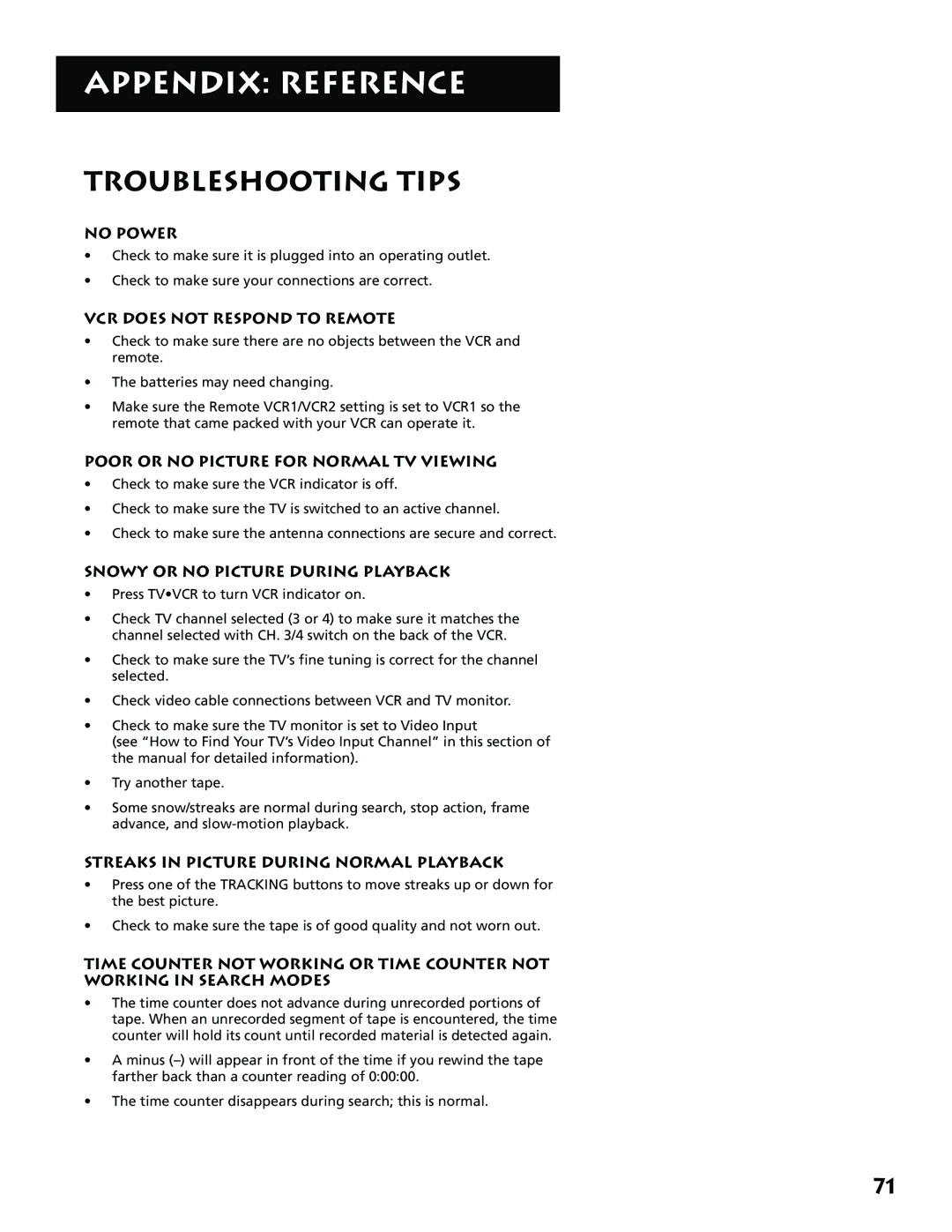 RCA VR704HF manual Troubleshooting Tips, No Power 