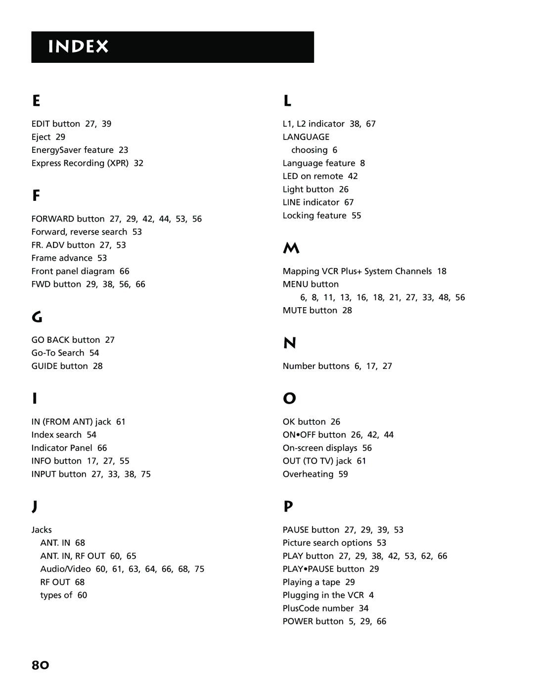 RCA VR704HF manual Index 