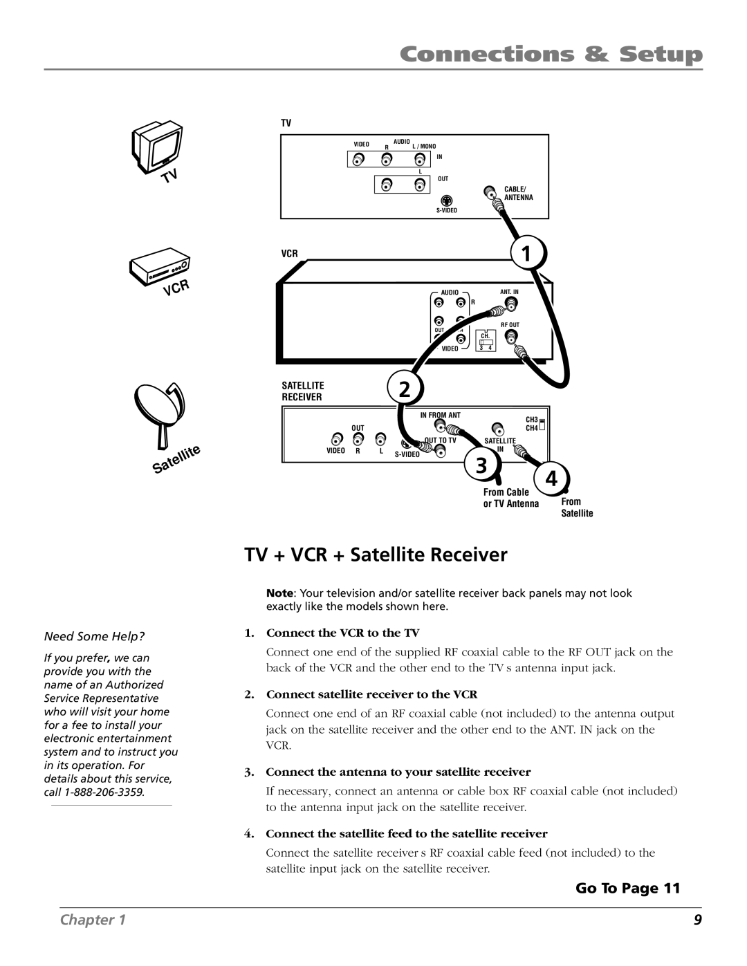 RCA VR706HF manual TV + VCR + Satellite Receiver, Connect satellite receiver to the VCR 