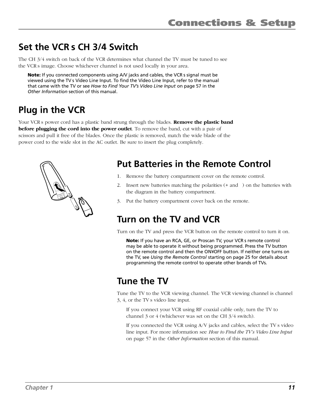 RCA VR706HF Set the VCR’s CH 3/4 Switch, Plug in the VCR, Put Batteries in the Remote Control, Turn on the TV and VCR 