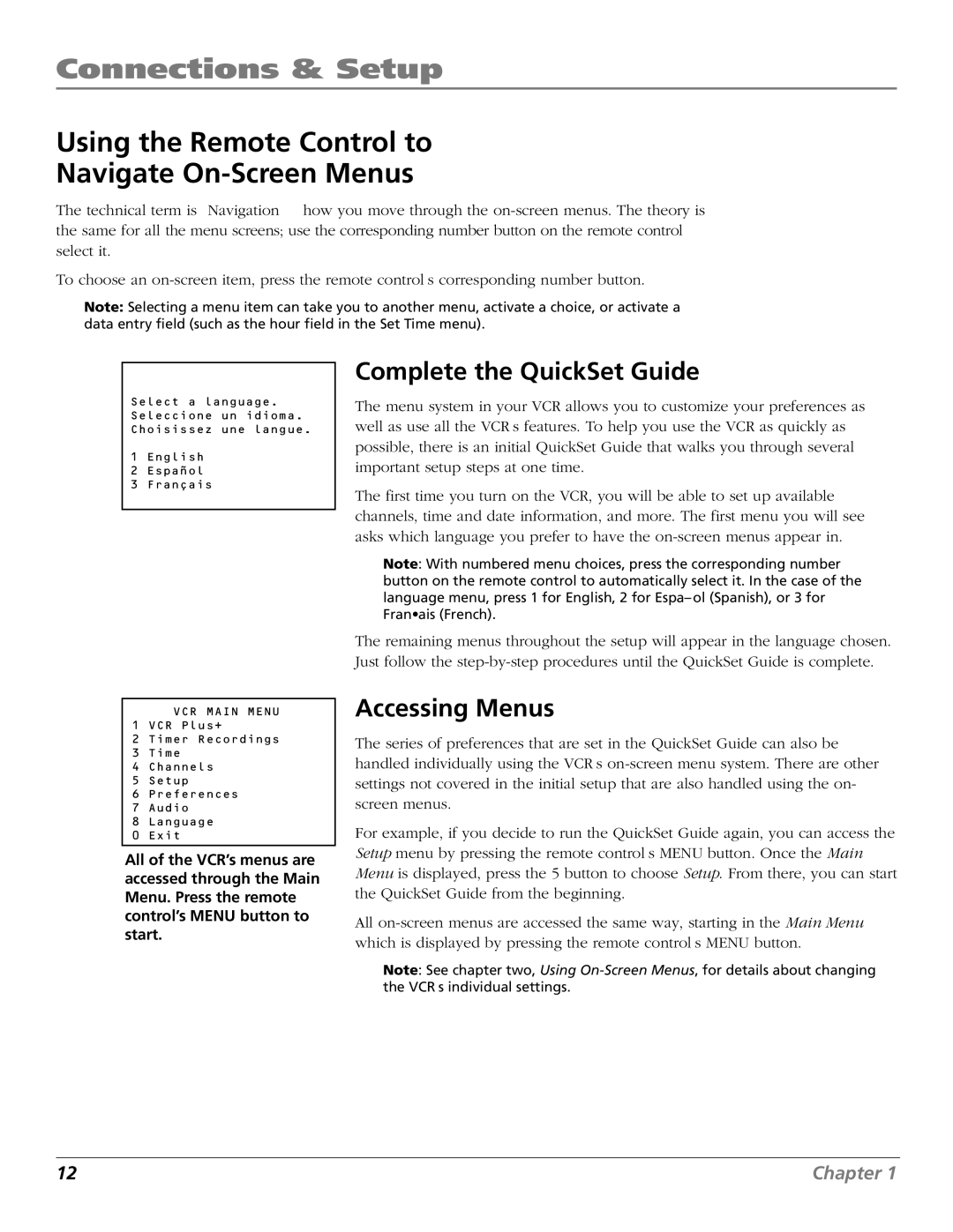 RCA VR706HF manual Using the Remote Control to Navigate On-Screen Menus, Complete the QuickSet Guide, Accessing Menus 