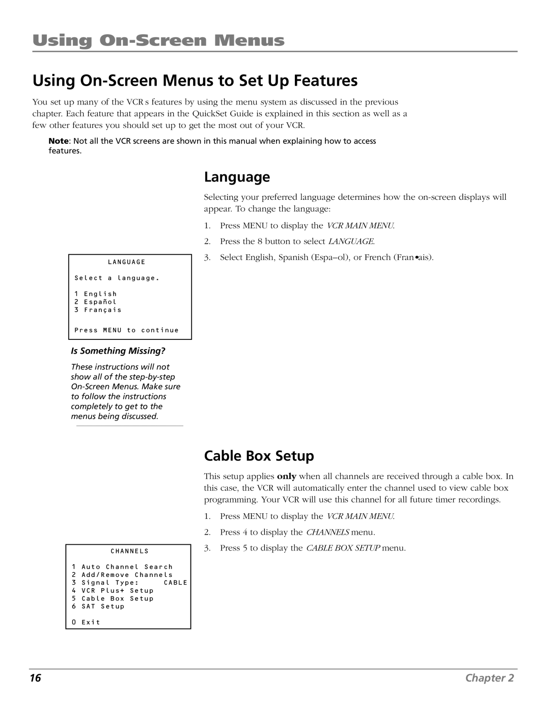 RCA VR706HF manual Using On-Screen Menus to Set Up Features, Language, Cable Box Setup 