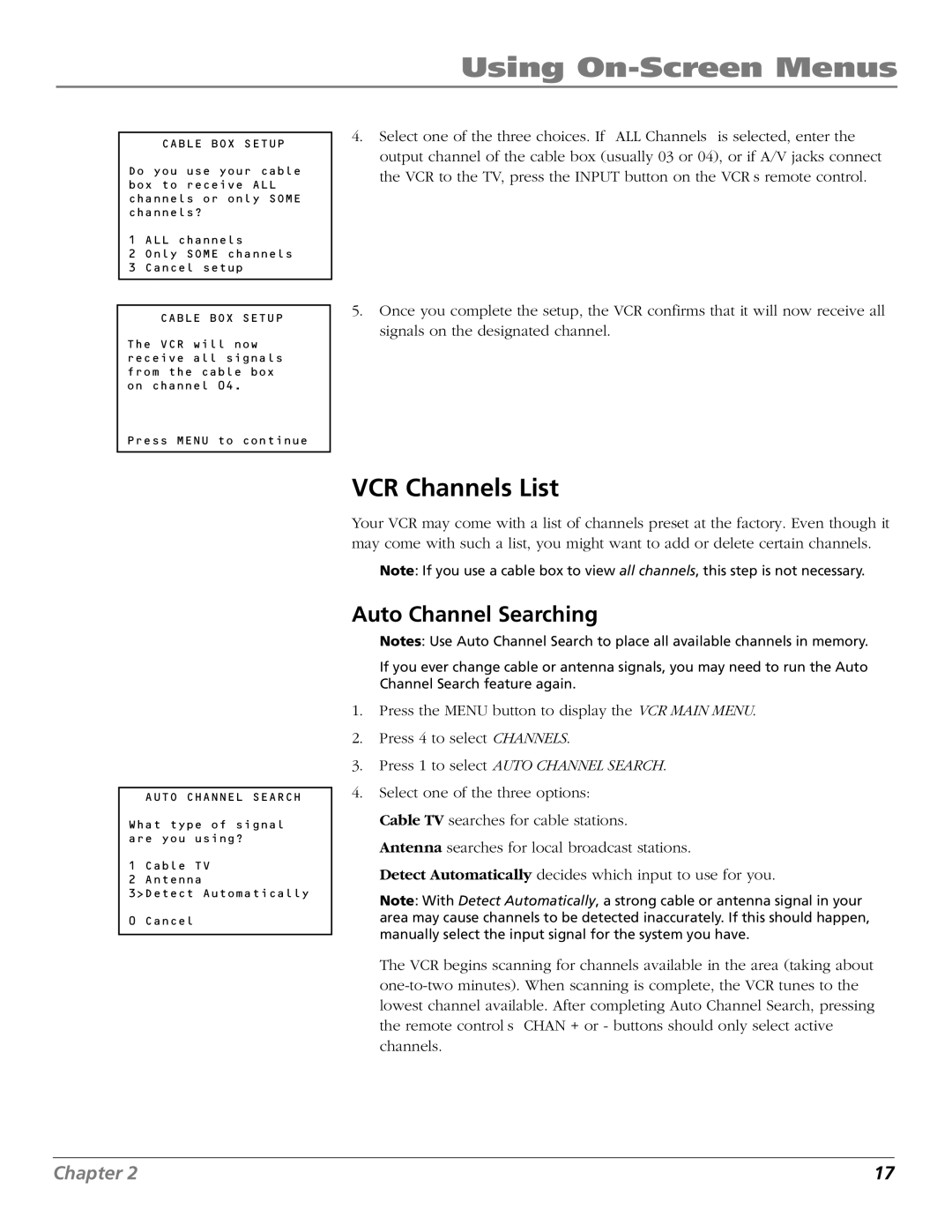 RCA VR706HF manual VCR Channels List, Auto Channel Searching 