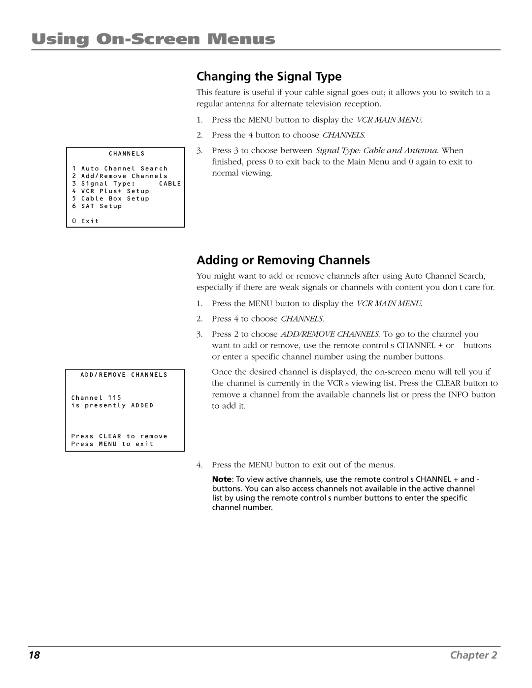 RCA VR706HF manual Changing the Signal Type, Adding or Removing Channels 